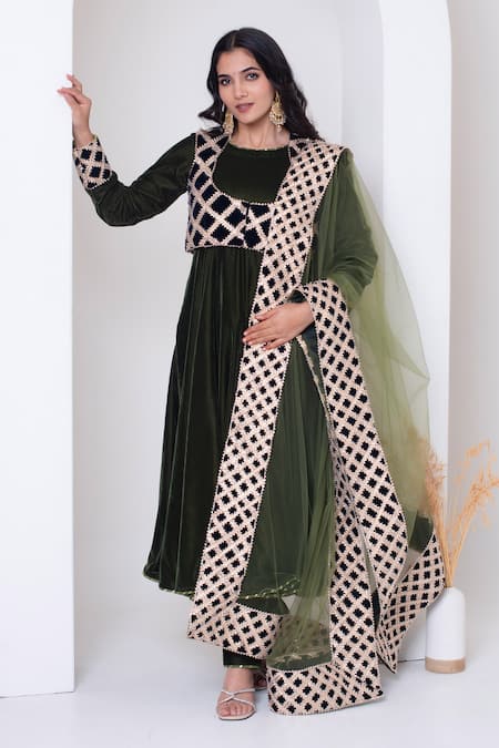 Pomcha Jaipur Green Velvet Gota Patti Anarkali Set 