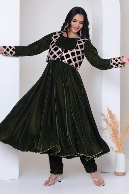 Shop Pomcha Jaipur Green Velvet, Net Gota Patti Round Neck Anarkali Set Online at Aza Fashions Shop_Pomcha Jaipur_Green Velvet, Net Gota Patti Round Neck Anarkali Set _Online_at_Aza_Fashions