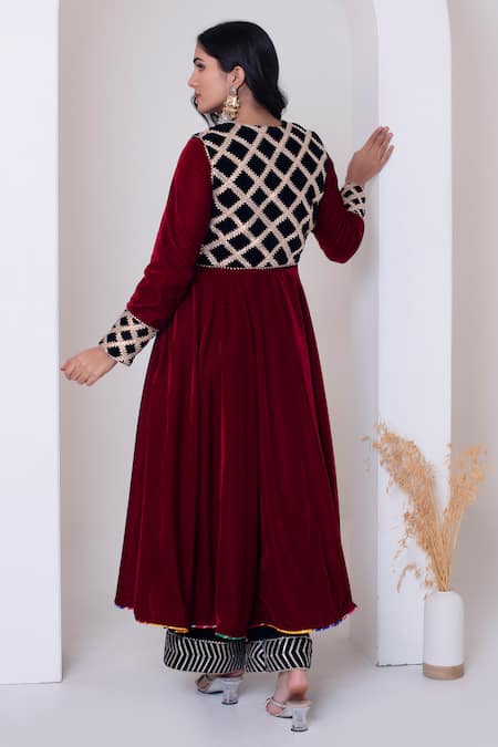 Pomcha Jaipur Maroon Velvet Anarkali Set  