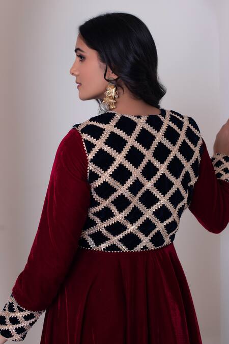 Buy Pomcha Jaipur Maroon Velvet, Net Gota Patti Round , Square Anarkali Set Online at Aza Fashions Buy_Pomcha Jaipur_Maroon Velvet, Net Gota Patti Round , Square Anarkali Set _Online_at_Aza_Fashions