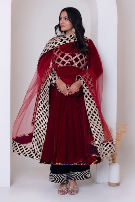 Pomcha Jaipur Maroon Velvet Anarkali Set  
