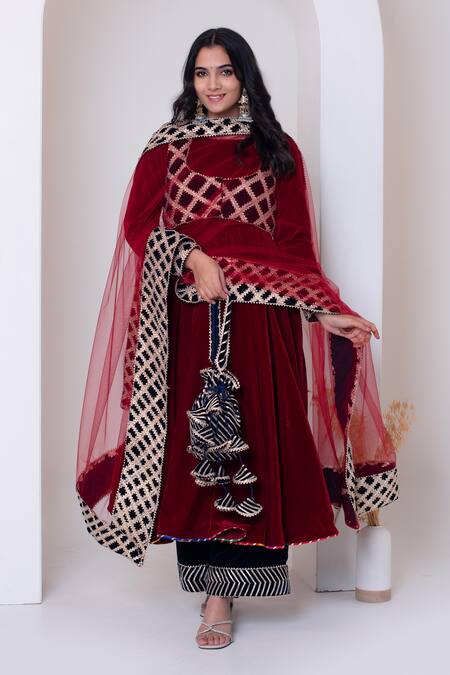 Shop Pomcha Jaipur Maroon Velvet, Net Gota Patti Round , Square Anarkali Set Online at Aza Fashions Shop_Pomcha Jaipur_Maroon Velvet, Net Gota Patti Round , Square Anarkali Set _Online_at_Aza_Fashions