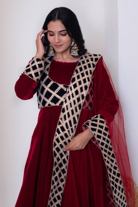 Pomcha Jaipur Maroon Velvet, Net Gota Patti Round , Square Anarkali Set at Aza Fashions Pomcha Jaipur_Maroon Velvet, Net Gota Patti Round , Square Anarkali Set _at_Aza_Fashions
