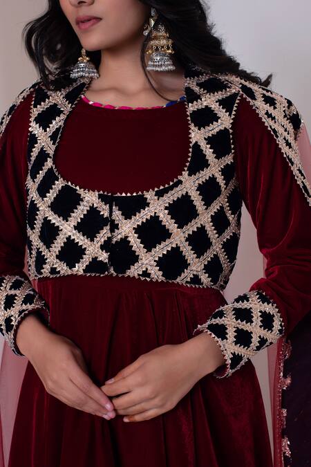 Buy Pomcha Jaipur Maroon Velvet, Net Gota Patti Round , Square Anarkali Set Buy_Pomcha Jaipur_Maroon Velvet, Net Gota Patti Round , Square Anarkali Set