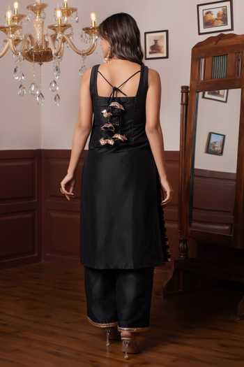 Shop Pomcha Jaipur Black Cotton, Silk, Net Gota Patti Square Neck Kurta Set at Aza Fashions Shop_Pomcha Jaipur_Black Cotton, Silk, Net Gota Patti Square Neck Kurta Set _at_Aza_Fashions