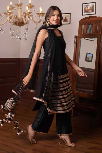 Pomcha Jaipur Black Cotton, Silk, Net Gota Patti Square Neck Kurta Set Online at Aza Fashions Pomcha Jaipur_Black Cotton, Silk, Net Gota Patti Square Neck Kurta Set _Online_at_Aza_Fashions