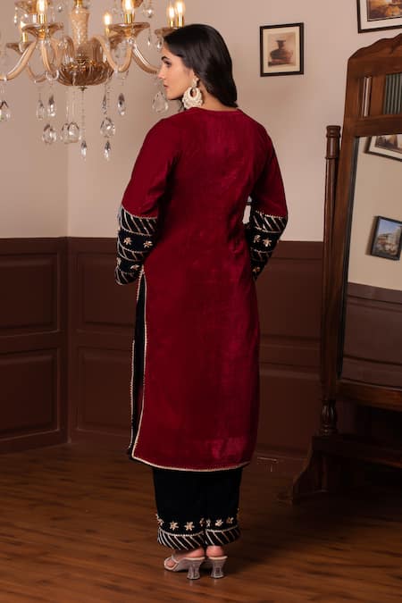 Pomcha Jaipur Maroon Velvet Kurta Pant Set 