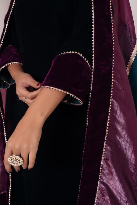 Shop_Pomcha Jaipur_Green Velvet, Silk Gota Patti V-neck Bottle Kurta Pant Set _Online_at_Aza_Fashions