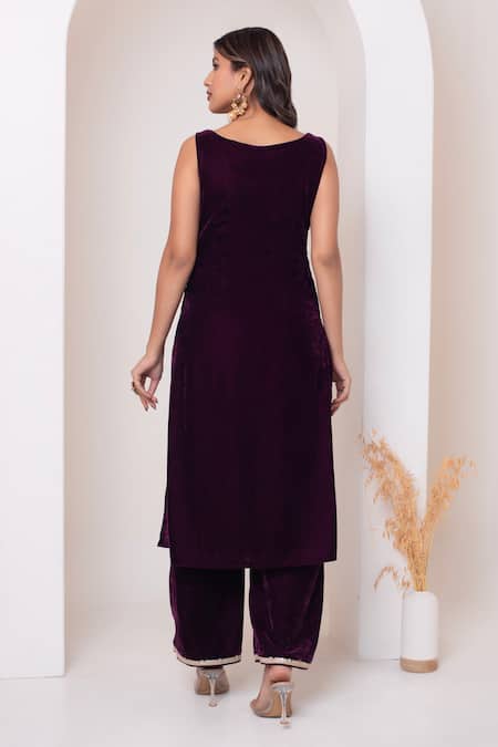 Pomcha Jaipur Burgundy Velvet Kurta Pant Set 