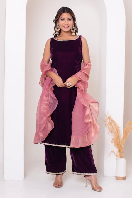 Pomcha Jaipur Burgundy Velvet Kurta Pant Set 