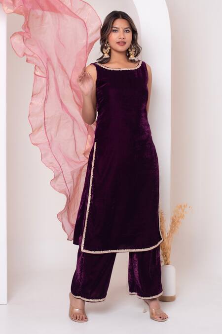 Shop_Pomcha Jaipur_Burgundy Velvet, Silk Gota Patti Round Neck Kurta Pant Set _Online_at_Aza_Fashions