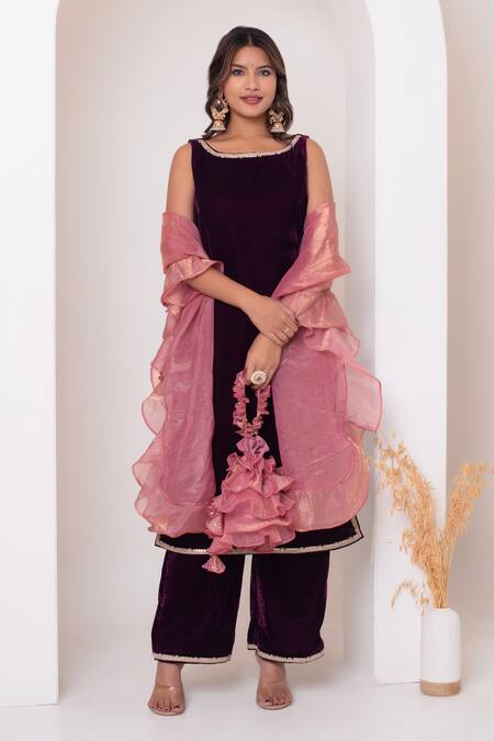 Pomcha Jaipur_Burgundy Velvet, Silk Gota Patti Round Neck Kurta Pant Set _at_Aza_Fashions