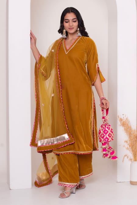 Pomcha Jaipur Mustard Velvet Kurta Pant Set 