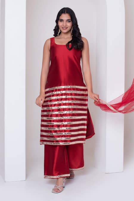 Pomcha Jaipur_Red Taffeta, Silk, Net Gota Patti Square Neck Kurta Pant Set _Online_at_Aza_Fashions