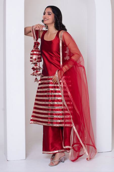 Shop_Pomcha Jaipur_Red Taffeta, Silk, Net Gota Patti Square Neck Kurta Pant Set _Online_at_Aza_Fashions