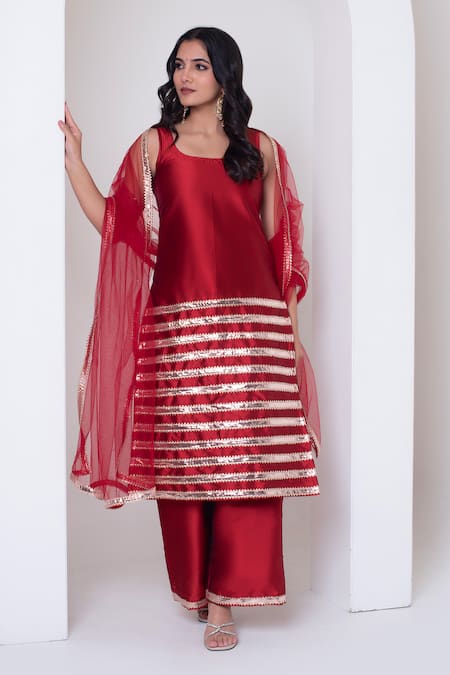 Pomcha Jaipur Red Gota Patti Kurta Pant Set 