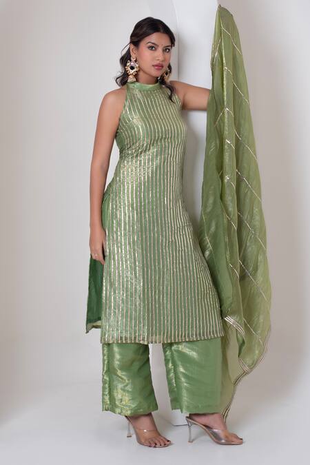 Pomcha Jaipur_Green Silk Gota Patti Halter Neck Kurta Set _at_Aza_Fashions