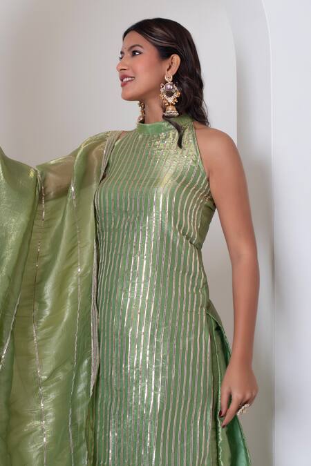 Shop_Pomcha Jaipur_Green Silk Gota Patti Halter Neck Kurta Set 