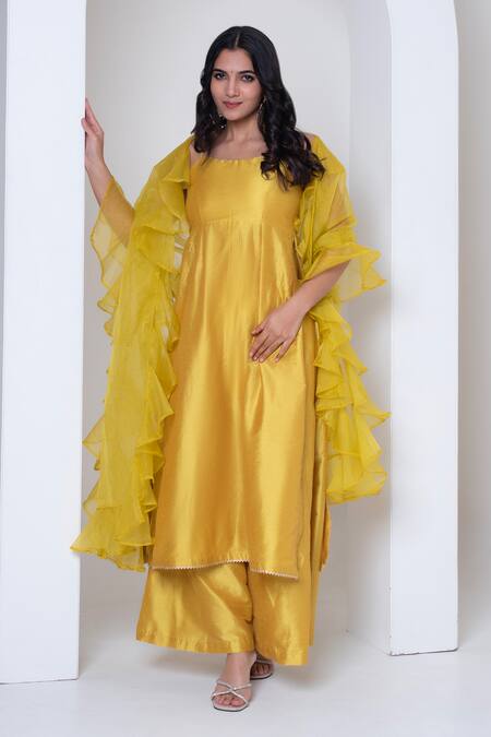 Buy Pomcha Jaipur Yellow Cotton, Silk, Organza Gota Patti Round Neck Kurta Set Online at Aza Fashions Buy_Pomcha Jaipur_Yellow Cotton, Silk, Organza Gota Patti Round Neck Kurta Set _Online_at_Aza_Fashions