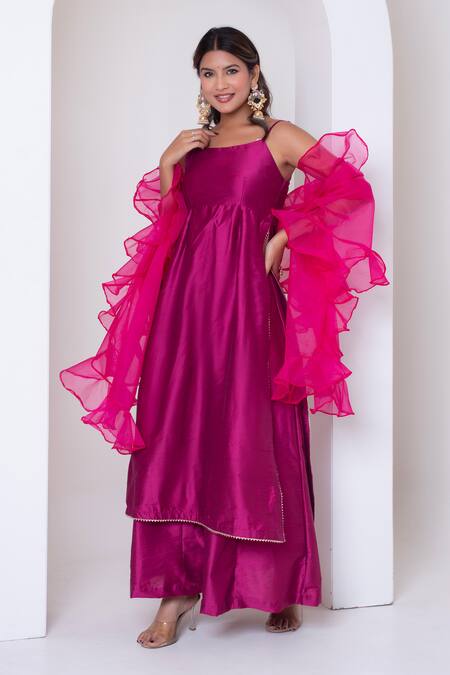 Pomcha Jaipur_Pink Cotton, Silk, Organza Gota Patti Square Neck Rani Kurta Set _Online_at_Aza_Fashions