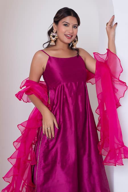 Buy_Pomcha Jaipur_Pink Cotton, Silk, Organza Gota Patti Square Neck Rani Kurta Set _Online_at_Aza_Fashions