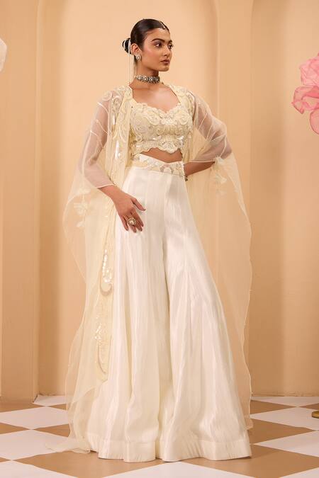 Shop One Knot One By Ashna Ivory Crepe, Silk Embroidery Round , Open Blouse And Sharara Set Online at Aza Fashions Shop_One Knot One By Ashna_Ivory Crepe, Silk Embroidery Round , Open Blouse And Sharara Set _Online_at_Aza_Fashions