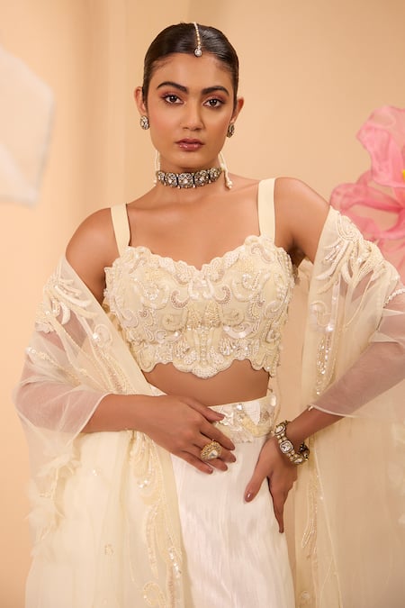 Shop One Knot One By Ashna Ivory Crepe, Silk Embroidery Round , Open Blouse And Sharara Set Shop_One Knot One By Ashna_Ivory Crepe, Silk Embroidery Round , Open Blouse And Sharara Set