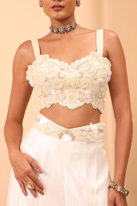 One Knot One By Ashna_Ivory Crepe, Silk Sequins, Embroidery Sweetheart Neck Top And Sharara Set _Online_at_Aza_Fashions