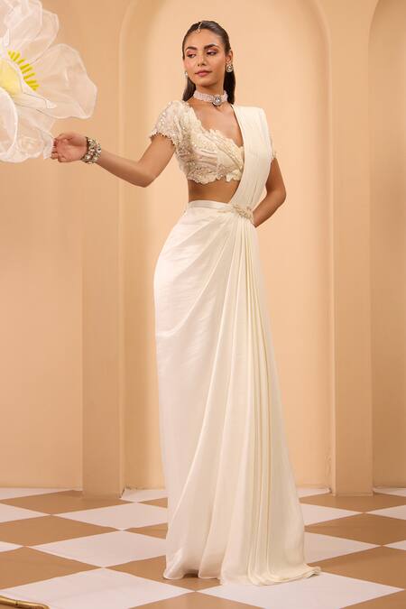 One Knot One By Ashna_Ivory Organza, Silk Sequins, Embroidery Sweetheart Neck Blouse And Drape Saree Set _at_Aza_Fashions