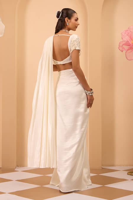 One Knot One By Ashna Ivory Organza Blouse & Drape Saree Set 