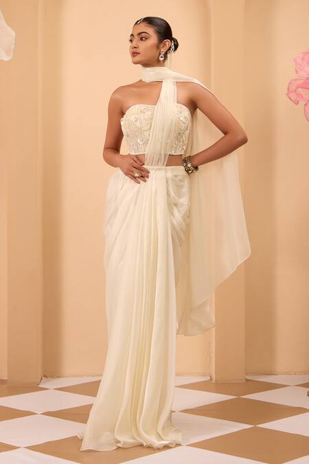 Buy_One Knot One By Ashna_Ivory Net, Organza Embroidery Square Neck Pre-draped Saree And Corset Blouse _Online_at_Aza_Fashions