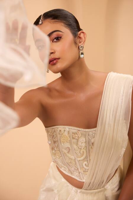 Shop_One Knot One By Ashna_Ivory Net, Organza Embroidery Square Neck Pre-draped Saree And Corset Blouse _Online_at_Aza_Fashions