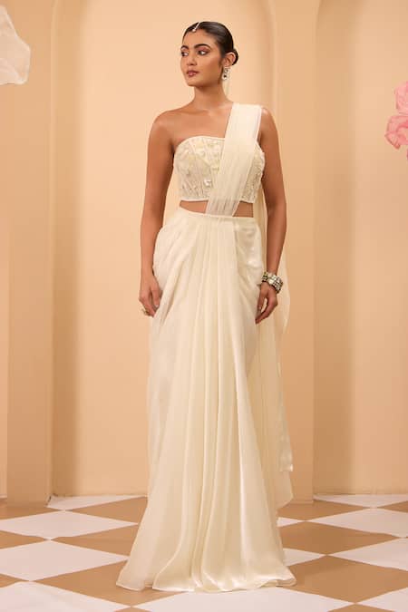 One Knot One By Ashna Ivory Net, Organza Embroidery Square Neck Pre-draped Saree And Corset Blouse 