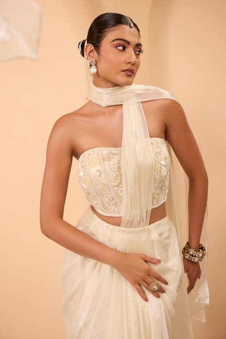 One Knot One By Ashna_Ivory Net, Organza Embroidery Square Neck Pre-draped Saree And Corset Blouse _at_Aza_Fashions