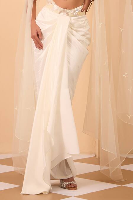 One Knot One By Ashna_Ivory Silk, Net Fabric Flowers Square Neck Shimmer Corset And Drape Skirt Set _Online_at_Aza_Fashions