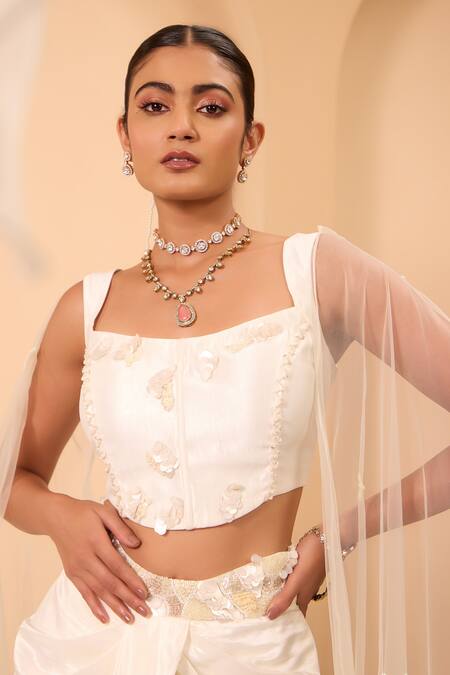 Shop_One Knot One By Ashna_Ivory Silk, Net Fabric Flowers Square Neck Shimmer Corset And Drape Skirt Set _Online_at_Aza_Fashions