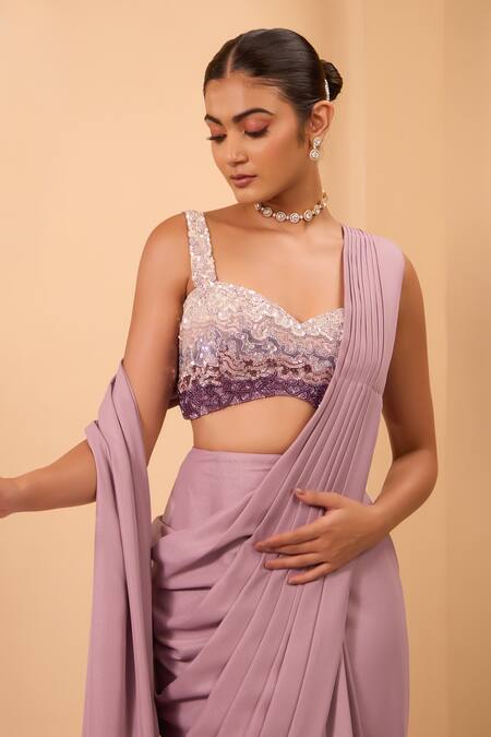 Buy_One Knot One By Ashna_Purple Crepe, Georgette Sequins Sweetheart Neck Foil Pre-draped Saree Set _Online_at_Aza_Fashions