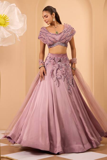 Buy_One Knot One By Ashna_Purple Satin, Organza, Georgette, Net, Tulle Sequins, Embroidery Lehenga Set _Online_at_Aza_Fashions