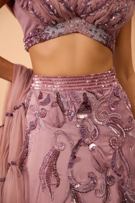 Shop_One Knot One By Ashna_Purple Satin, Organza, Georgette, Net, Tulle Sequins, Embroidery Lehenga Set _Online_at_Aza_Fashions