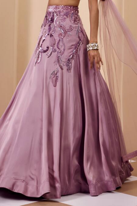 Buy_One Knot One By Ashna_Purple Satin, Organza, Crepe, Tulle Embroidery, Sequins Sweetheart Lehenga Set _Online_at_Aza_Fashions