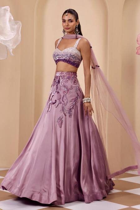 Shop_One Knot One By Ashna_Purple Satin, Organza, Crepe, Tulle Embroidery, Sequins Sweetheart Lehenga Set _Online_at_Aza_Fashions