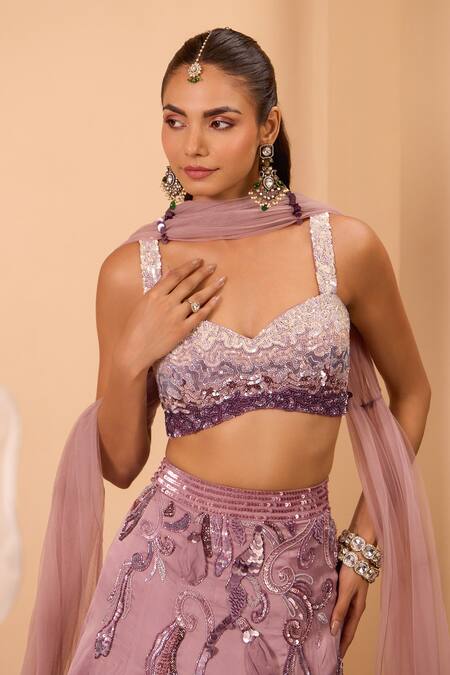 One Knot One By Ashna_Purple Satin, Organza, Crepe, Tulle Embroidery, Sequins Sweetheart Lehenga Set _at_Aza_Fashions