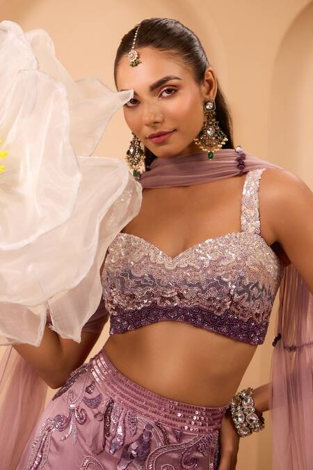 Buy_One Knot One By Ashna_Purple Satin, Organza, Crepe, Tulle Embroidery, Sequins Sweetheart Lehenga Set 