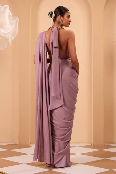One Knot One By Ashna Purple Foil Georgette Pre-Draped Saree Set 