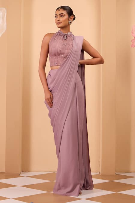 One Knot One By Ashna Purple Georgette, Tulle Embroidery, Sequins Round Foil Pre-draped Saree Set 