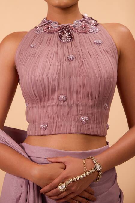 Buy_One Knot One By Ashna_Purple Georgette, Tulle Embroidery, Sequins Round Foil Pre-draped Saree Set _Online_at_Aza_Fashions