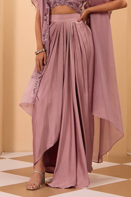 Buy_One Knot One By Ashna_Purple Crepe, Silk Satin Sequins, Embroidery V-neck, Open Cape And Drape Skirt Set _Online_at_Aza_Fashions