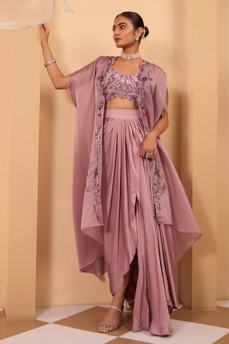 Shop_One Knot One By Ashna_Purple Crepe, Silk Satin Sequins, Embroidery V-neck, Open Cape And Drape Skirt Set _Online_at_Aza_Fashions