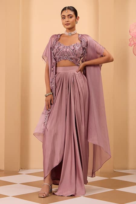 One Knot One By Ashna Purple Crepe, Silk Satin Sequins, Embroidery V-neck, Open Cape And Drape Skirt Set 