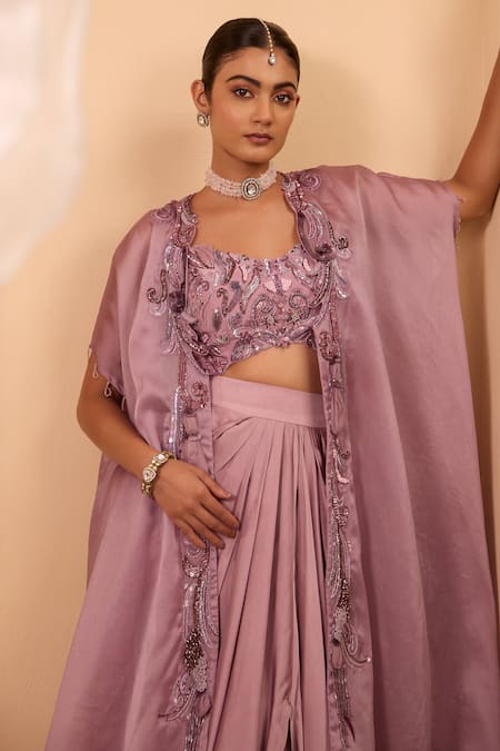 One Knot One By Ashna_Purple Crepe, Silk Satin Sequins, Embroidery V-neck, Open Cape And Drape Skirt Set _at_Aza_Fashions